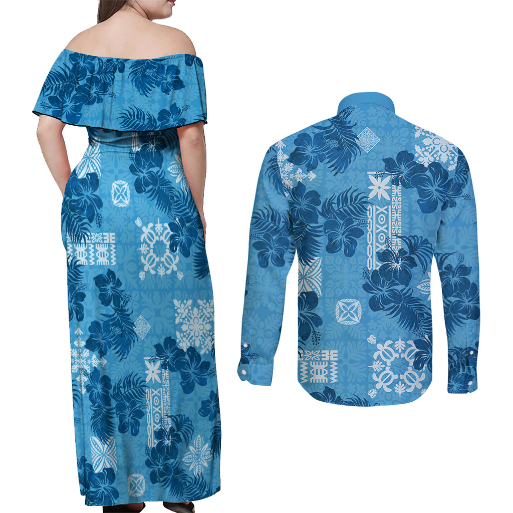 Hawaii Tapa Couples Matching Off Shoulder Maxi Dress and Long Sleeve Button Shirt Hibiscus Mix Hawaiian Quilt Patches - Blue LT7 - Wonder Print Shop