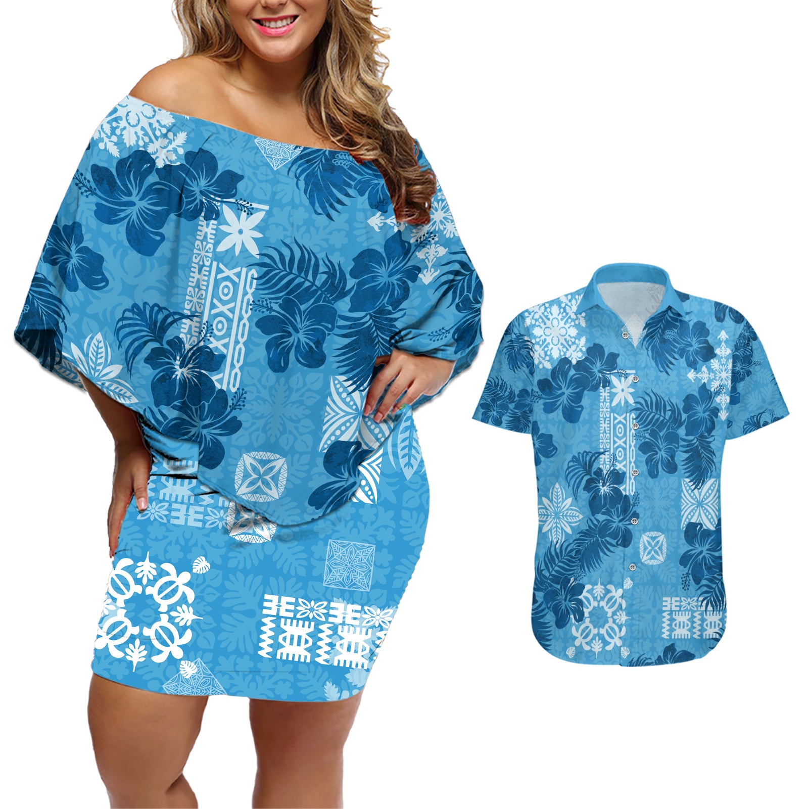 Hawaii Tapa Couples Matching Off Shoulder Short Dress and Hawaiian Shirt Hibiscus Mix Hawaiian Quilt Patches - Blue LT7 - Wonder Print Shop