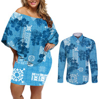 Hawaii Tapa Couples Matching Off Shoulder Short Dress and Long Sleeve Button Shirt Hibiscus Mix Hawaiian Quilt Patches - Blue LT7 - Wonder Print Shop