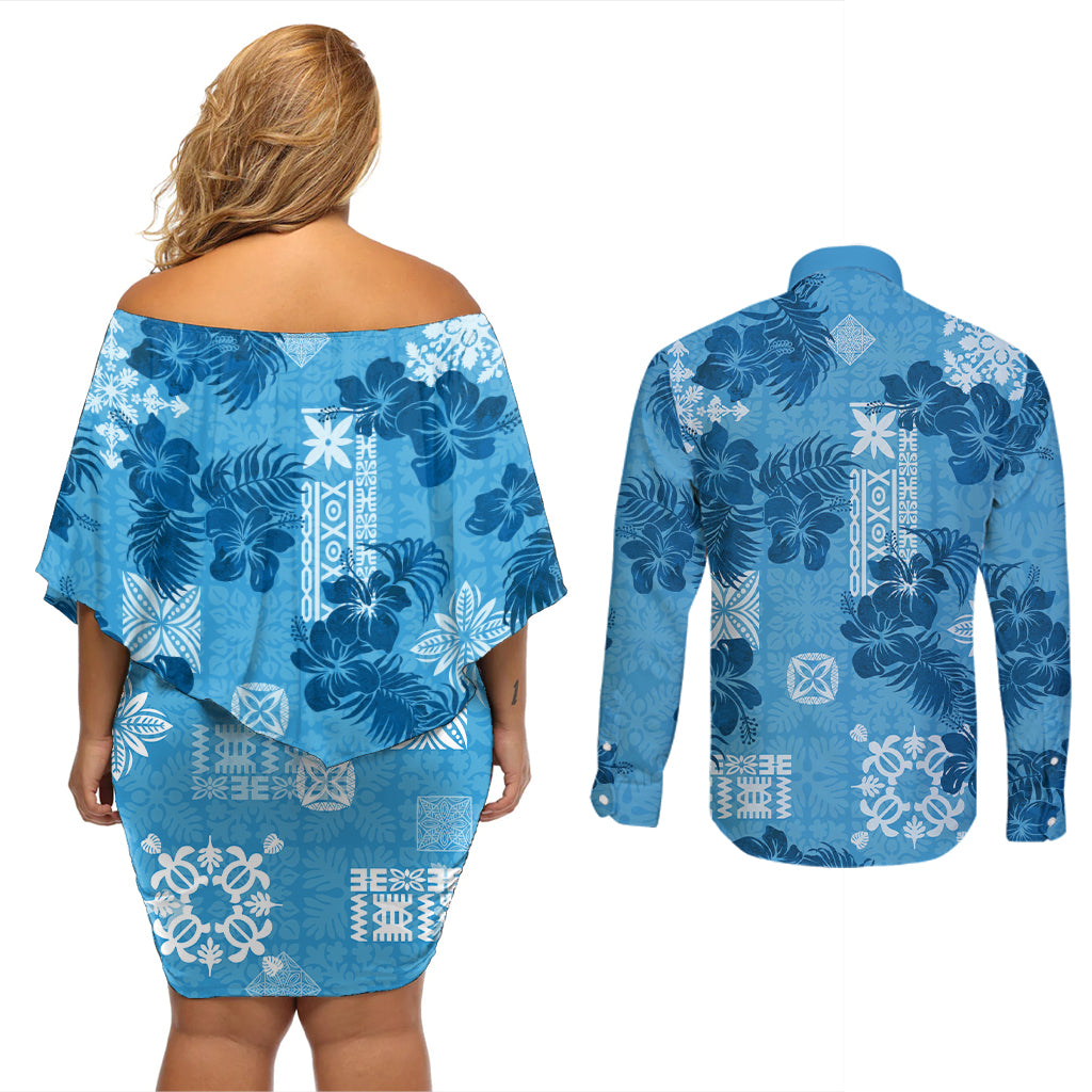 Hawaii Tapa Couples Matching Off Shoulder Short Dress and Long Sleeve Button Shirt Hibiscus Mix Hawaiian Quilt Patches - Blue LT7 - Wonder Print Shop