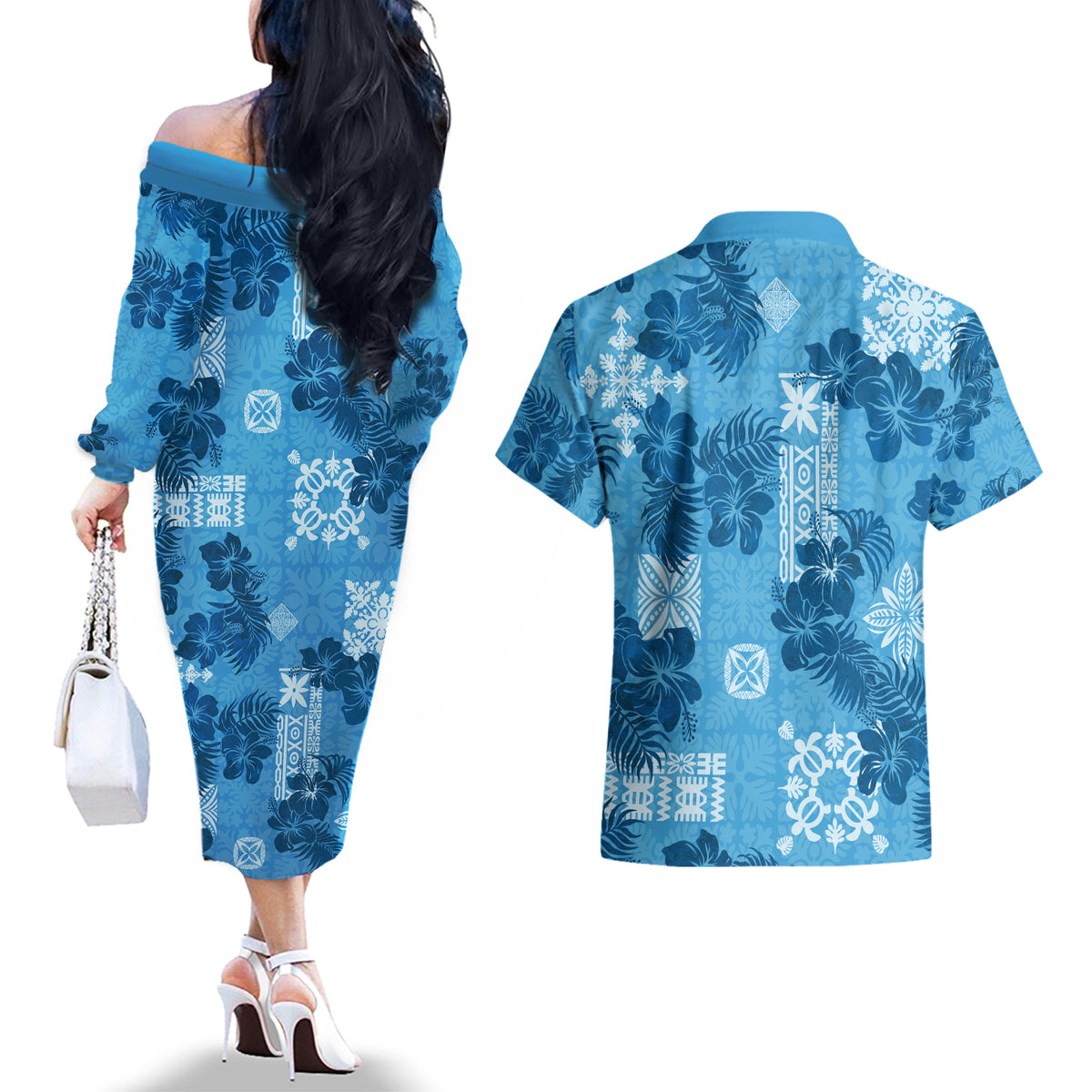 Hawaii Tapa Couples Matching Off The Shoulder Long Sleeve Dress and Hawaiian Shirt Hibiscus Mix Hawaiian Quilt Patches - Blue LT7 - Wonder Print Shop