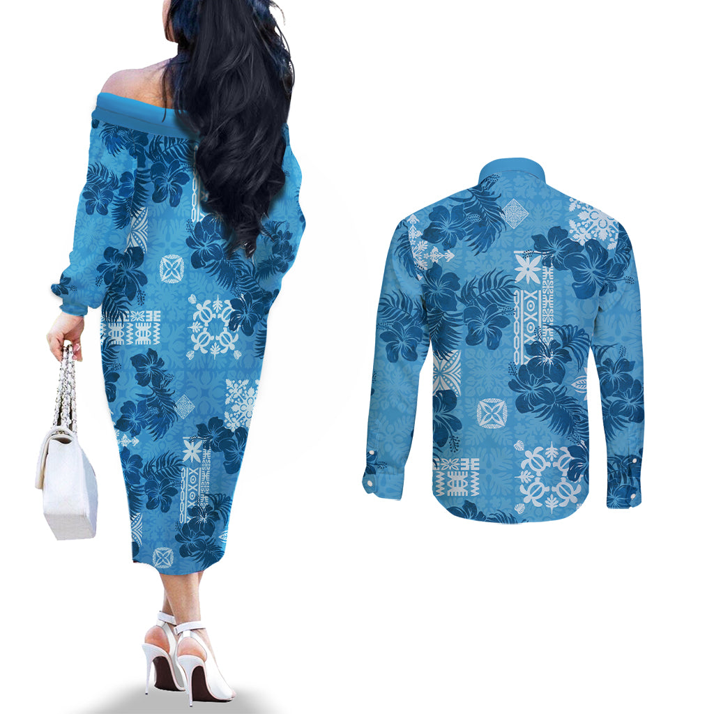 hawaii-tapa-couples-matching-off-the-shoulder-long-sleeve-dress-and-long-sleeve-button-shirt-hibiscus-mix-hawaiian-quilt-patches-blue