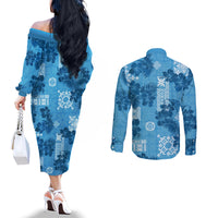 hawaii-tapa-couples-matching-off-the-shoulder-long-sleeve-dress-and-long-sleeve-button-shirt-hibiscus-mix-hawaiian-quilt-patches-blue