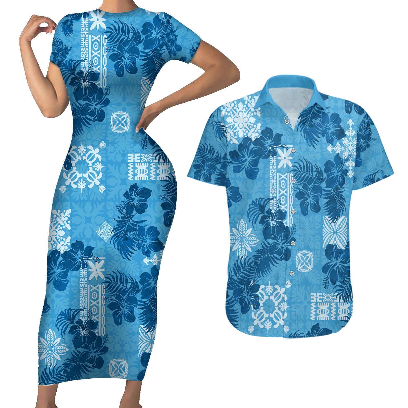 Hawaii Tapa Couples Matching Short Sleeve Bodycon Dress and Hawaiian Shirt Hibiscus Mix Hawaiian Quilt Patches - Blue LT7 - Wonder Print Shop