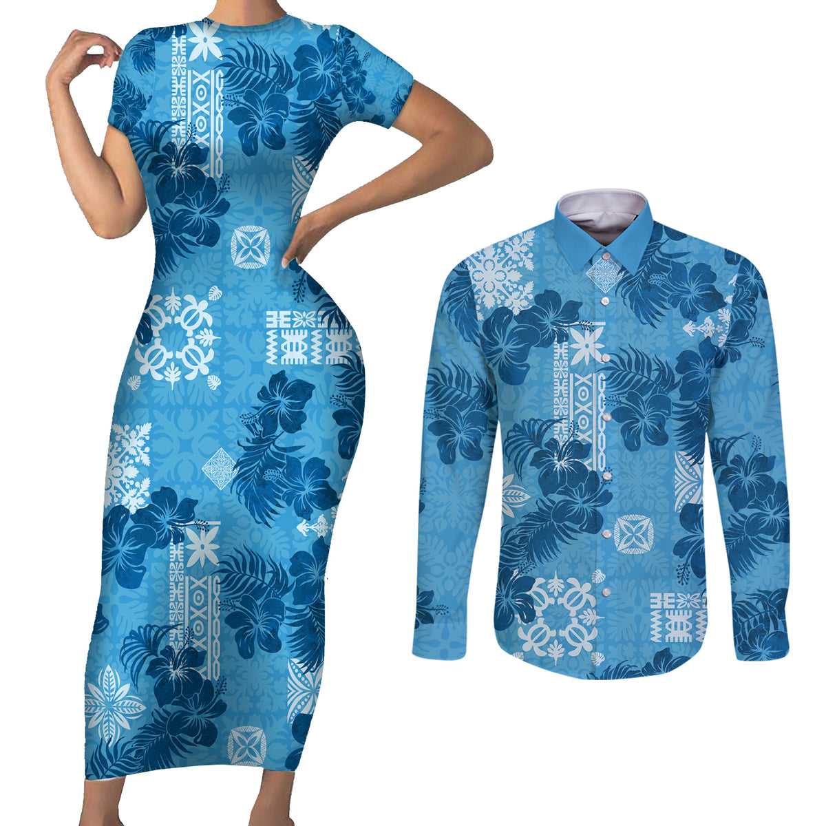 Hawaii Tapa Couples Matching Short Sleeve Bodycon Dress and Long Sleeve Button Shirt Hibiscus Mix Hawaiian Quilt Patches - Blue LT7 - Wonder Print Shop