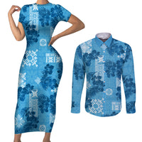 Hawaii Tapa Couples Matching Short Sleeve Bodycon Dress and Long Sleeve Button Shirt Hibiscus Mix Hawaiian Quilt Patches - Blue LT7 - Wonder Print Shop