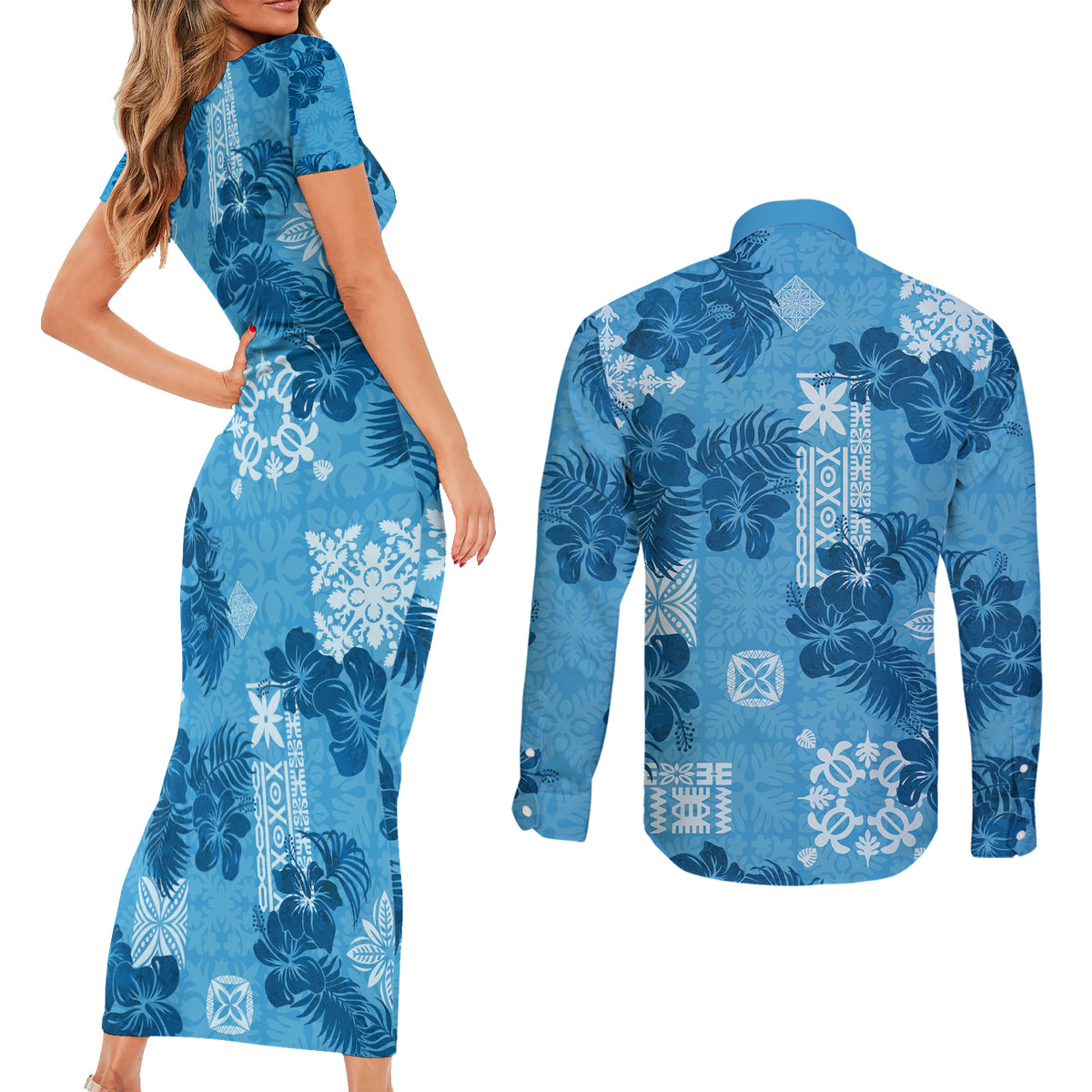 Hawaii Tapa Couples Matching Short Sleeve Bodycon Dress and Long Sleeve Button Shirt Hibiscus Mix Hawaiian Quilt Patches - Blue LT7 - Wonder Print Shop