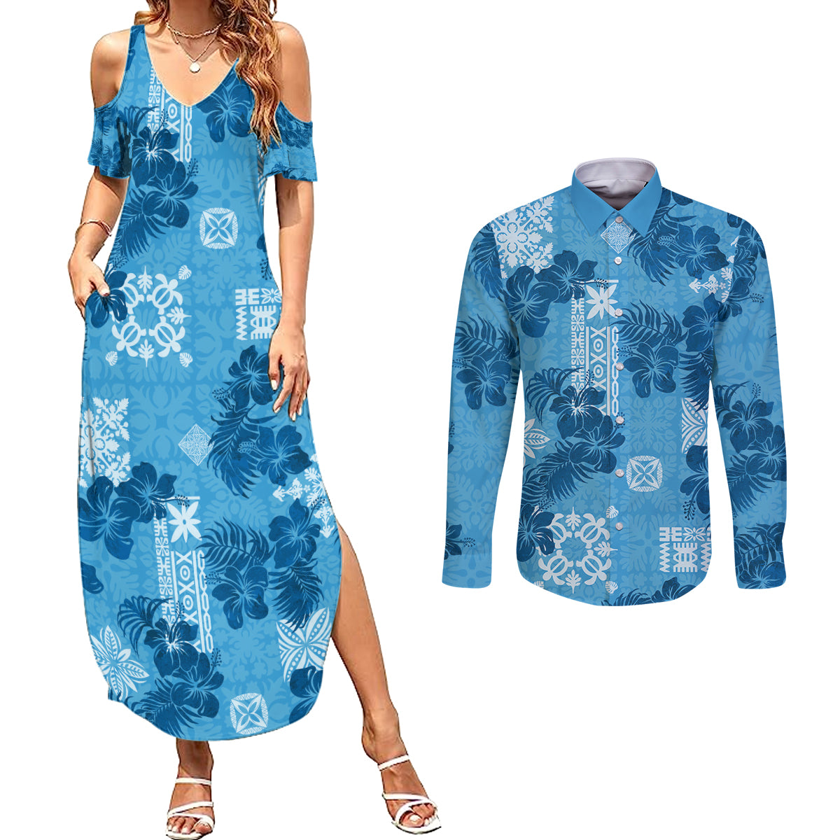 Hawaii Tapa Couples Matching Summer Maxi Dress and Long Sleeve Button Shirt Hibiscus Mix Hawaiian Quilt Patches - Blue LT7 - Wonder Print Shop