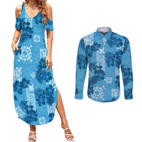 Hawaii Tapa Couples Matching Summer Maxi Dress and Long Sleeve Button Shirt Hibiscus Mix Hawaiian Quilt Patches - Blue LT7 - Wonder Print Shop