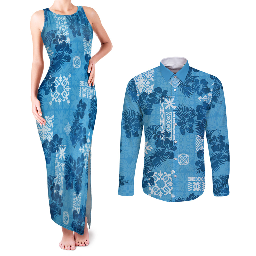 Hawaii Tapa Couples Matching Tank Maxi Dress and Long Sleeve Button Shirt Hibiscus Mix Hawaiian Quilt Patches - Blue LT7 - Wonder Print Shop