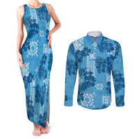 Hawaii Tapa Couples Matching Tank Maxi Dress and Long Sleeve Button Shirt Hibiscus Mix Hawaiian Quilt Patches - Blue LT7 - Wonder Print Shop