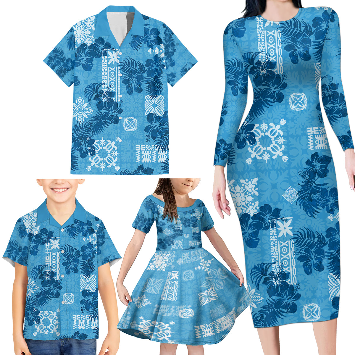 Hawaii Tapa Family Matching Long Sleeve Bodycon Dress and Hawaiian Shirt Hibiscus Mix Hawaiian Quilt Patches - Blue LT7 - Wonder Print Shop