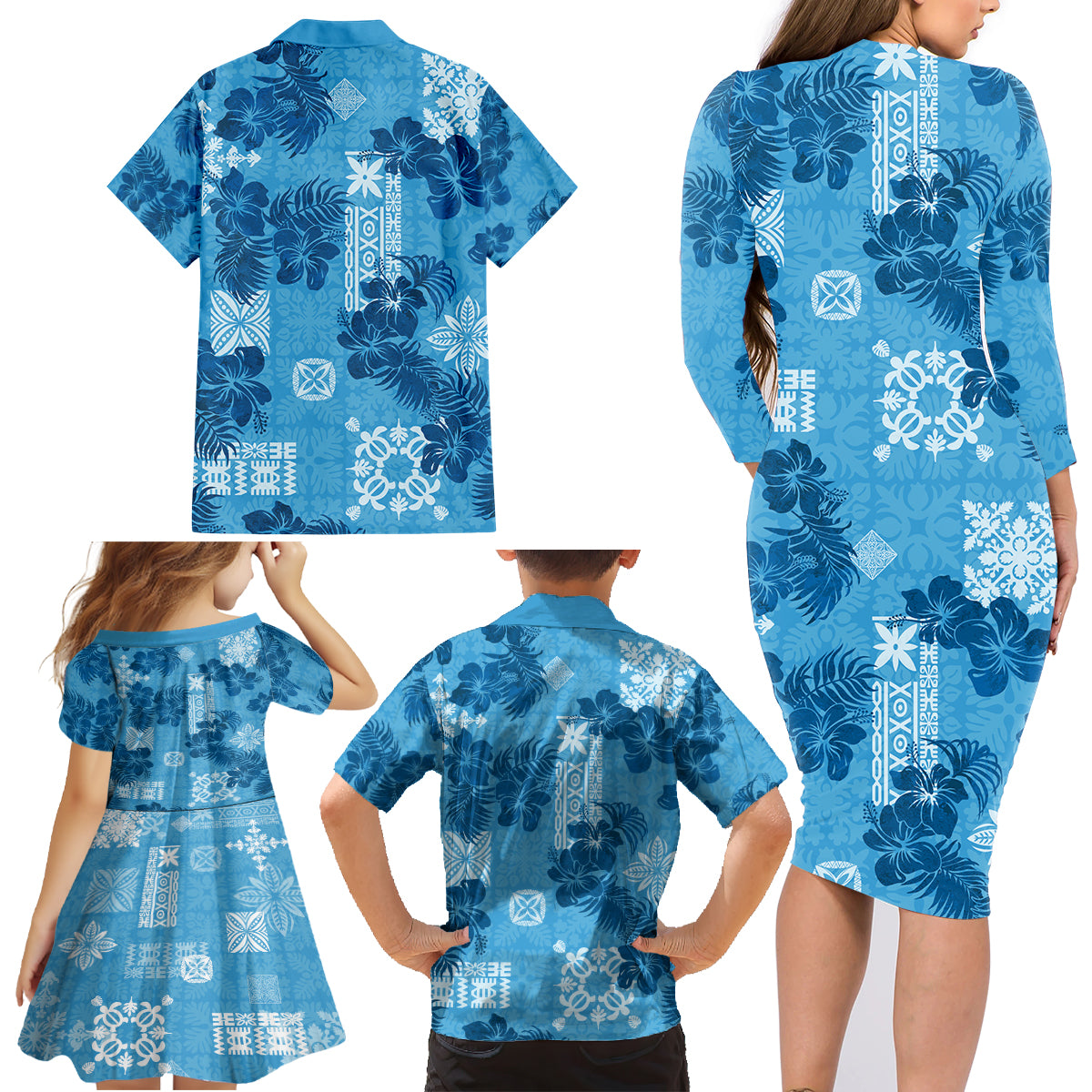 Hawaii Tapa Family Matching Long Sleeve Bodycon Dress and Hawaiian Shirt Hibiscus Mix Hawaiian Quilt Patches - Blue LT7 - Wonder Print Shop