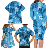 Hawaii Tapa Family Matching Long Sleeve Bodycon Dress and Hawaiian Shirt Hibiscus Mix Hawaiian Quilt Patches - Blue LT7 - Wonder Print Shop