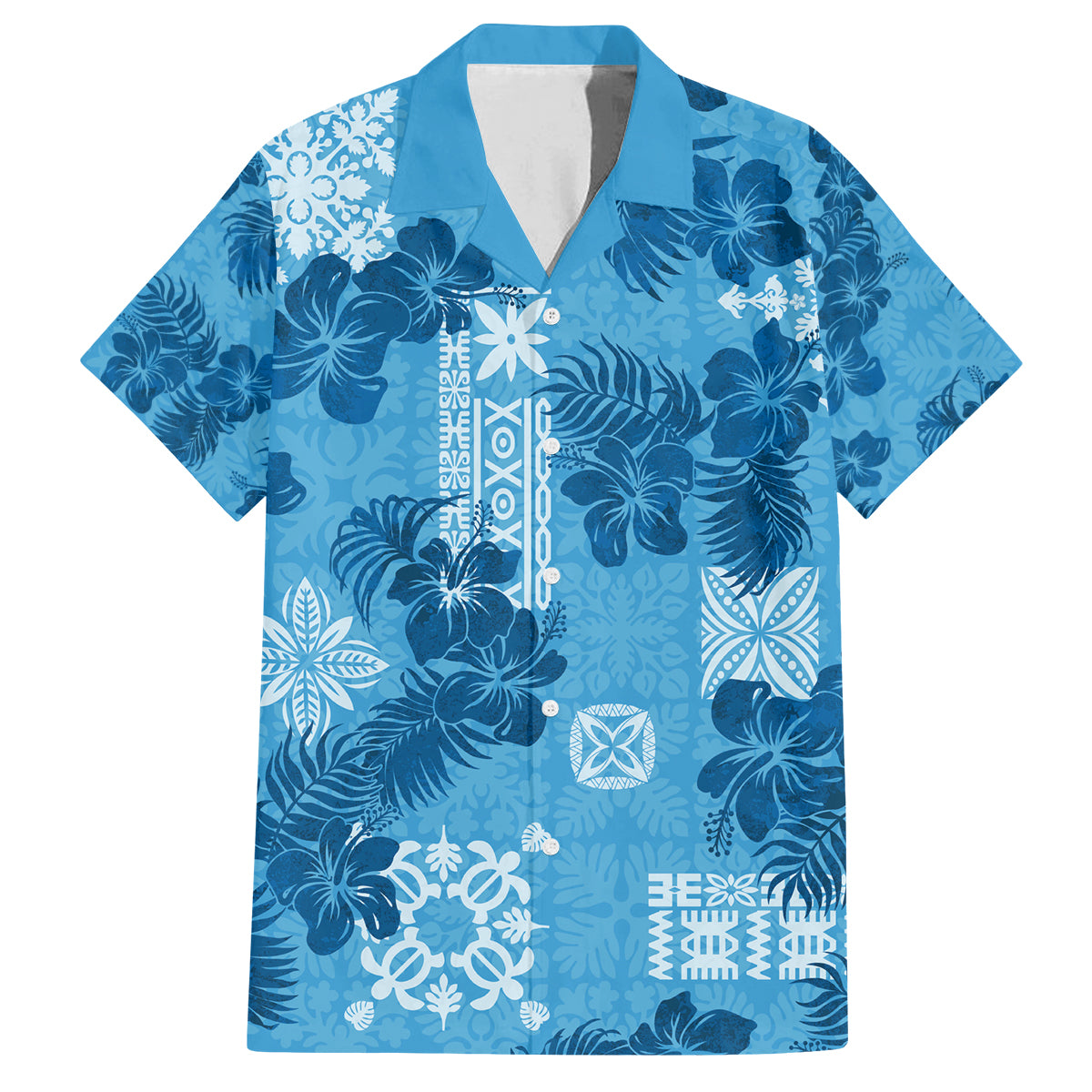Hawaii Tapa Family Matching Long Sleeve Bodycon Dress and Hawaiian Shirt Hibiscus Mix Hawaiian Quilt Patches - Blue LT7 - Wonder Print Shop