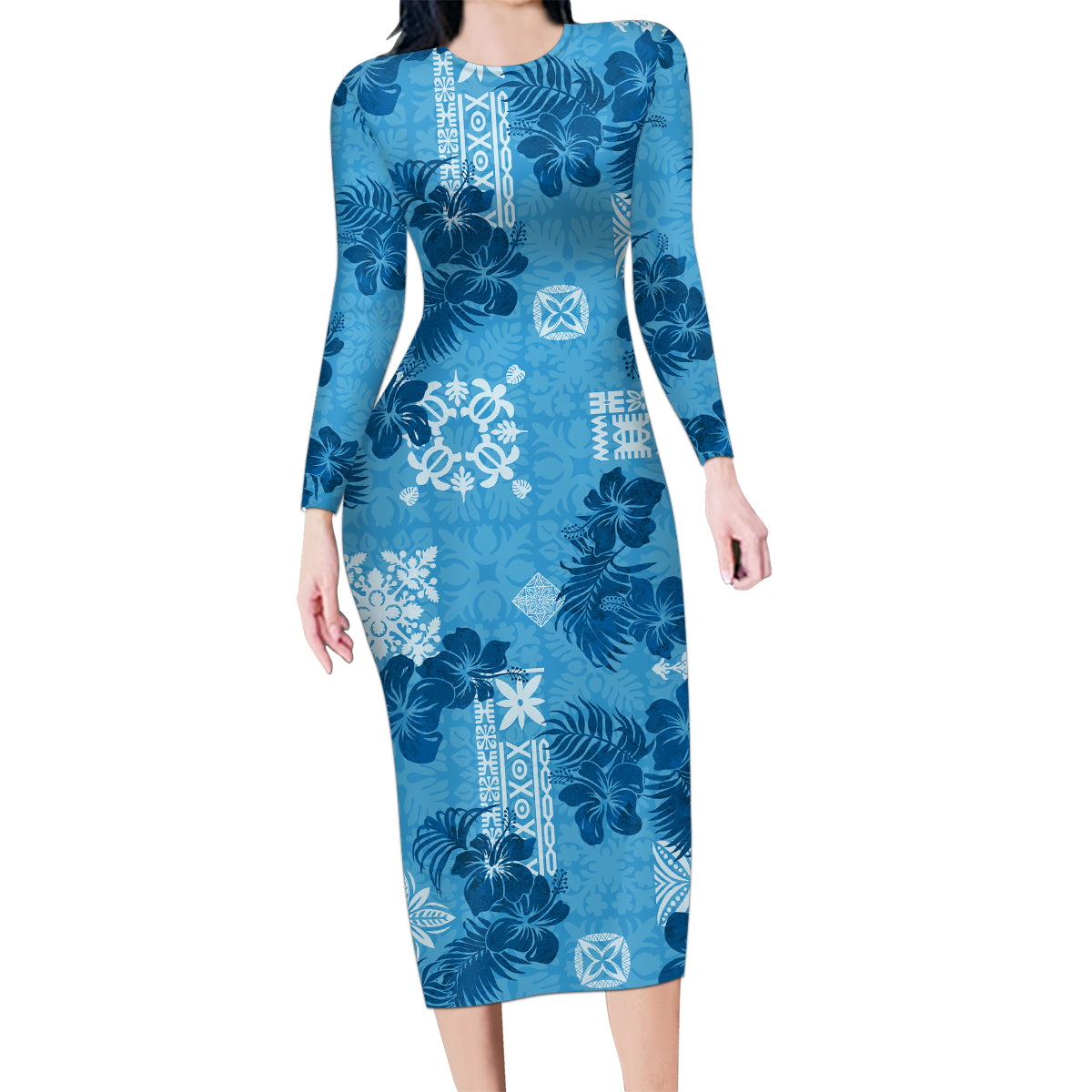 Hawaii Tapa Family Matching Long Sleeve Bodycon Dress and Hawaiian Shirt Hibiscus Mix Hawaiian Quilt Patches - Blue LT7 - Wonder Print Shop