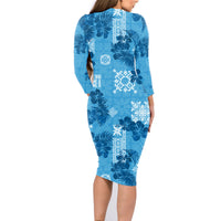 Hawaii Tapa Family Matching Long Sleeve Bodycon Dress and Hawaiian Shirt Hibiscus Mix Hawaiian Quilt Patches - Blue LT7 - Wonder Print Shop