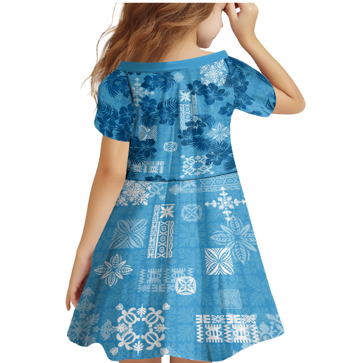 Hawaii Tapa Family Matching Mermaid Dress and Hawaiian Shirt Hibiscus Mix Hawaiian Quilt Patches - Blue LT7 - Wonder Print Shop