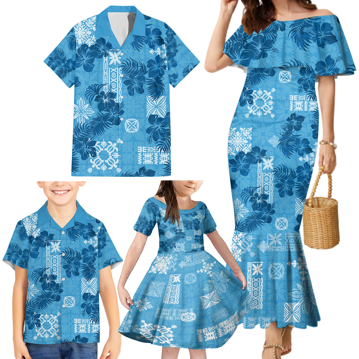 Hawaii Tapa Family Matching Mermaid Dress and Hawaiian Shirt Hibiscus Mix Hawaiian Quilt Patches - Blue LT7 - Wonder Print Shop
