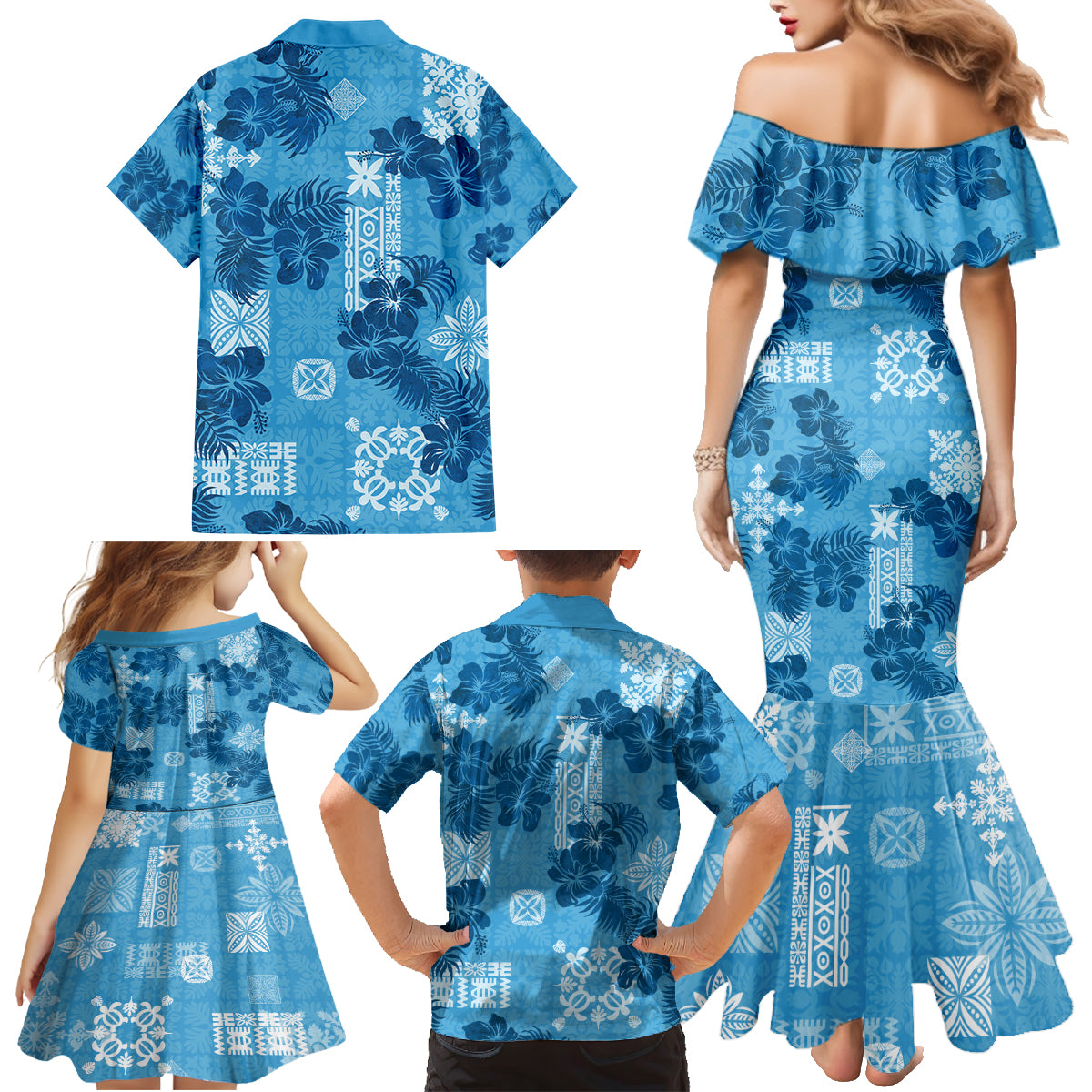 Hawaii Tapa Family Matching Mermaid Dress and Hawaiian Shirt Hibiscus Mix Hawaiian Quilt Patches - Blue LT7 - Wonder Print Shop