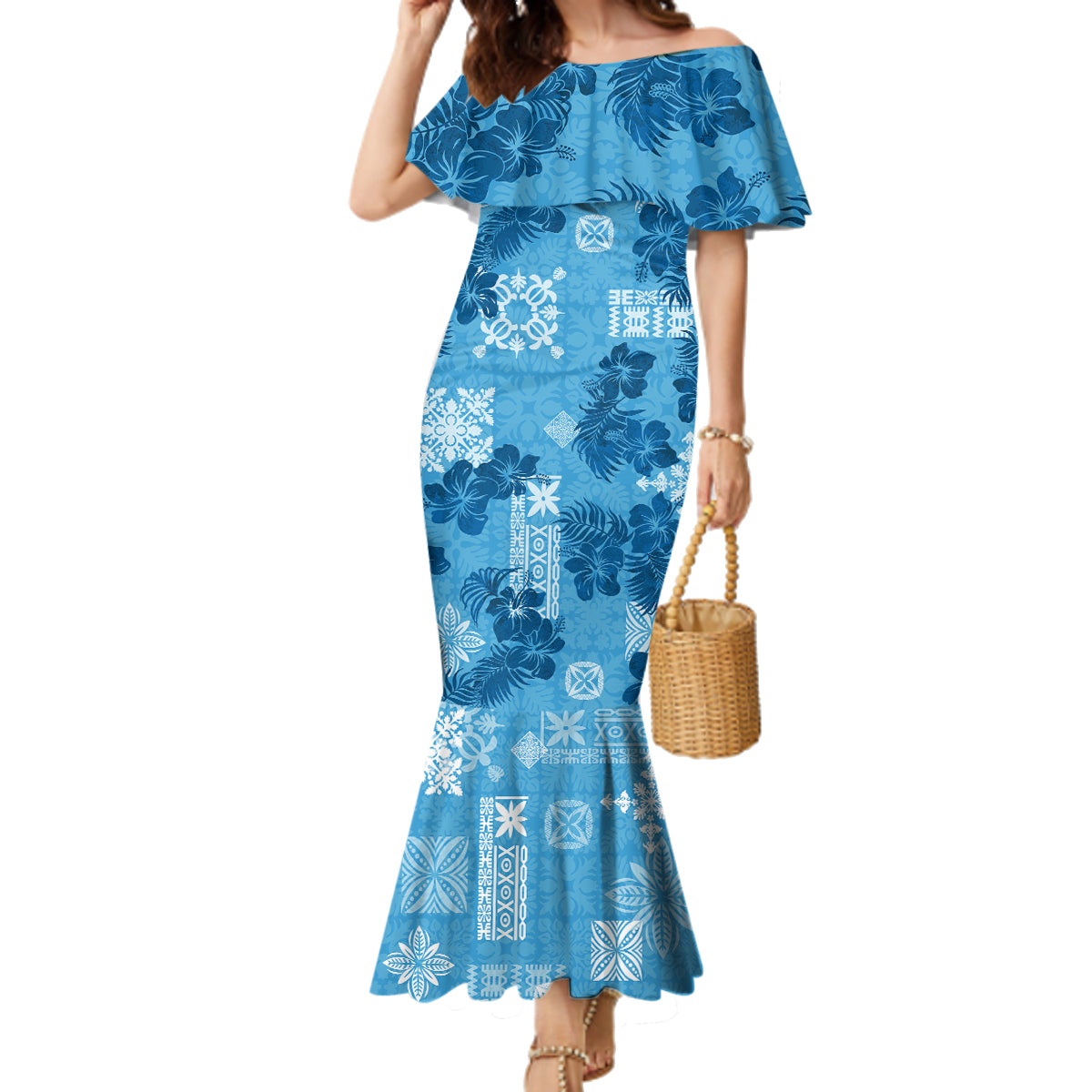 Hawaii Tapa Family Matching Mermaid Dress and Hawaiian Shirt Hibiscus Mix Hawaiian Quilt Patches - Blue LT7 - Wonder Print Shop