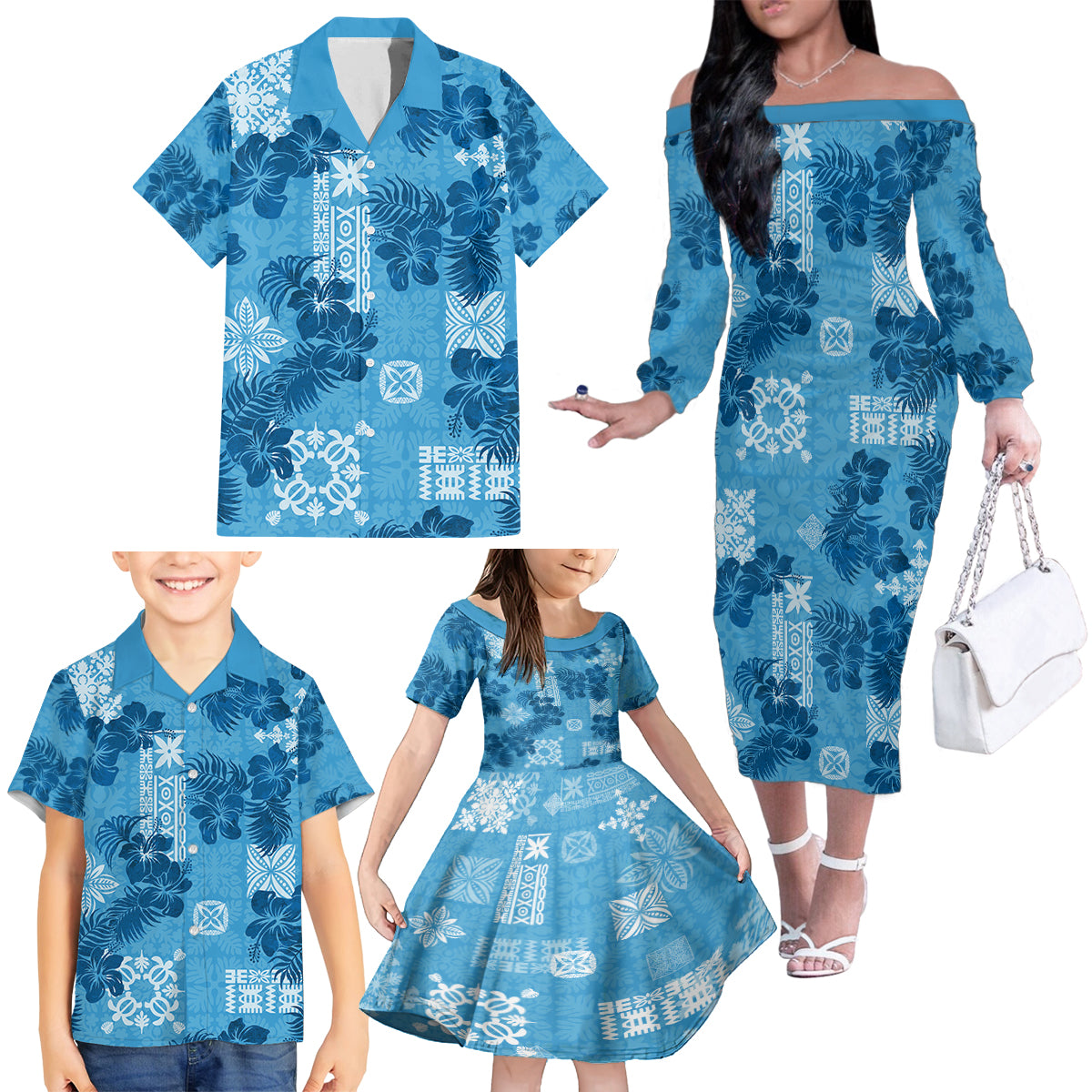 Hawaii Tapa Family Matching Off Shoulder Long Sleeve Dress and Hawaiian Shirt Hibiscus Mix Hawaiian Quilt Patches - Blue - Wonder Print Shop