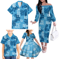 Hawaii Tapa Family Matching Off Shoulder Long Sleeve Dress and Hawaiian Shirt Hibiscus Mix Hawaiian Quilt Patches - Blue - Wonder Print Shop