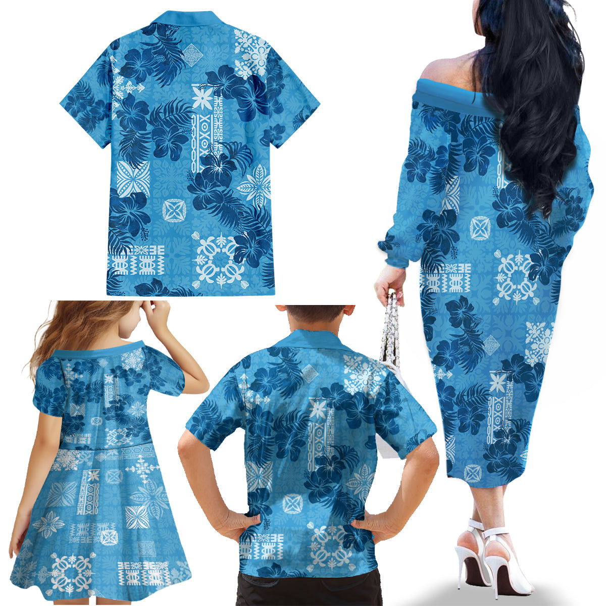Hawaii Tapa Family Matching Off Shoulder Long Sleeve Dress and Hawaiian Shirt Hibiscus Mix Hawaiian Quilt Patches - Blue - Wonder Print Shop