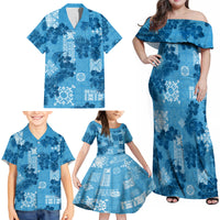 Hawaii Tapa Family Matching Off Shoulder Maxi Dress and Hawaiian Shirt Hibiscus Mix Hawaiian Quilt Patches - Blue LT7 - Wonder Print Shop