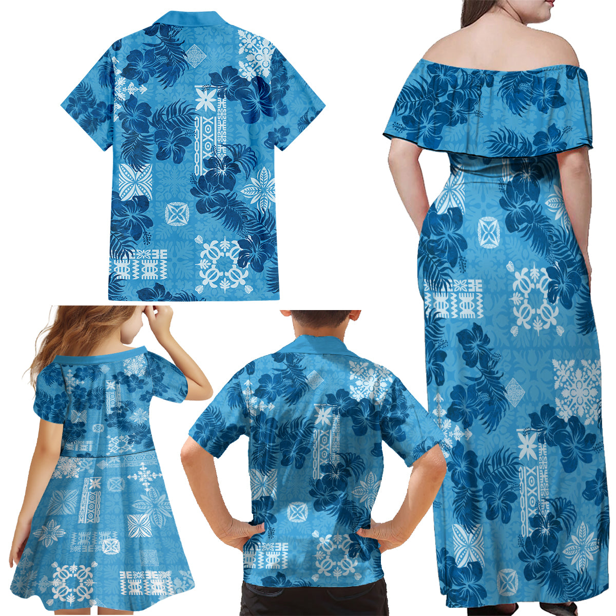 Hawaii Tapa Family Matching Off Shoulder Maxi Dress and Hawaiian Shirt Hibiscus Mix Hawaiian Quilt Patches - Blue LT7 - Wonder Print Shop