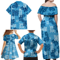 Hawaii Tapa Family Matching Off Shoulder Maxi Dress and Hawaiian Shirt Hibiscus Mix Hawaiian Quilt Patches - Blue LT7 - Wonder Print Shop