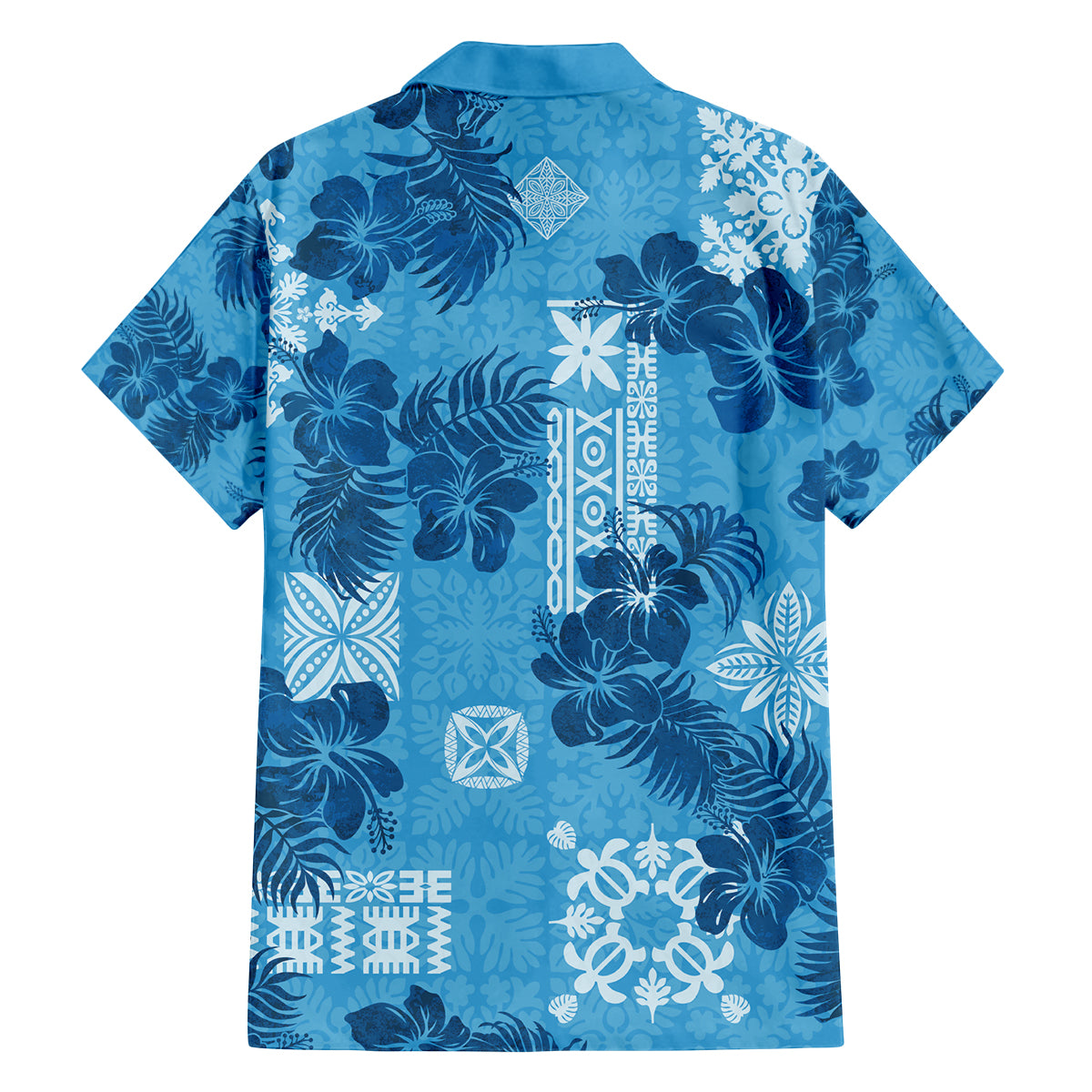 Hawaii Tapa Family Matching Off Shoulder Maxi Dress and Hawaiian Shirt Hibiscus Mix Hawaiian Quilt Patches - Blue LT7 - Wonder Print Shop