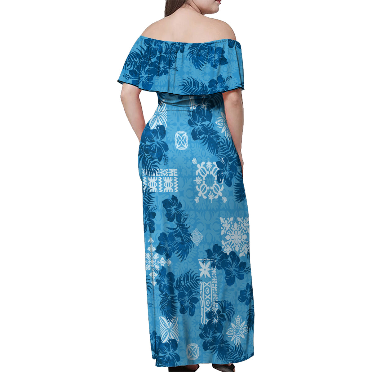 Hawaii Tapa Family Matching Off Shoulder Maxi Dress and Hawaiian Shirt Hibiscus Mix Hawaiian Quilt Patches - Blue LT7 - Wonder Print Shop