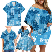 Hawaii Tapa Family Matching Off Shoulder Short Dress and Hawaiian Shirt Hibiscus Mix Hawaiian Quilt Patches - Blue LT7 - Wonder Print Shop