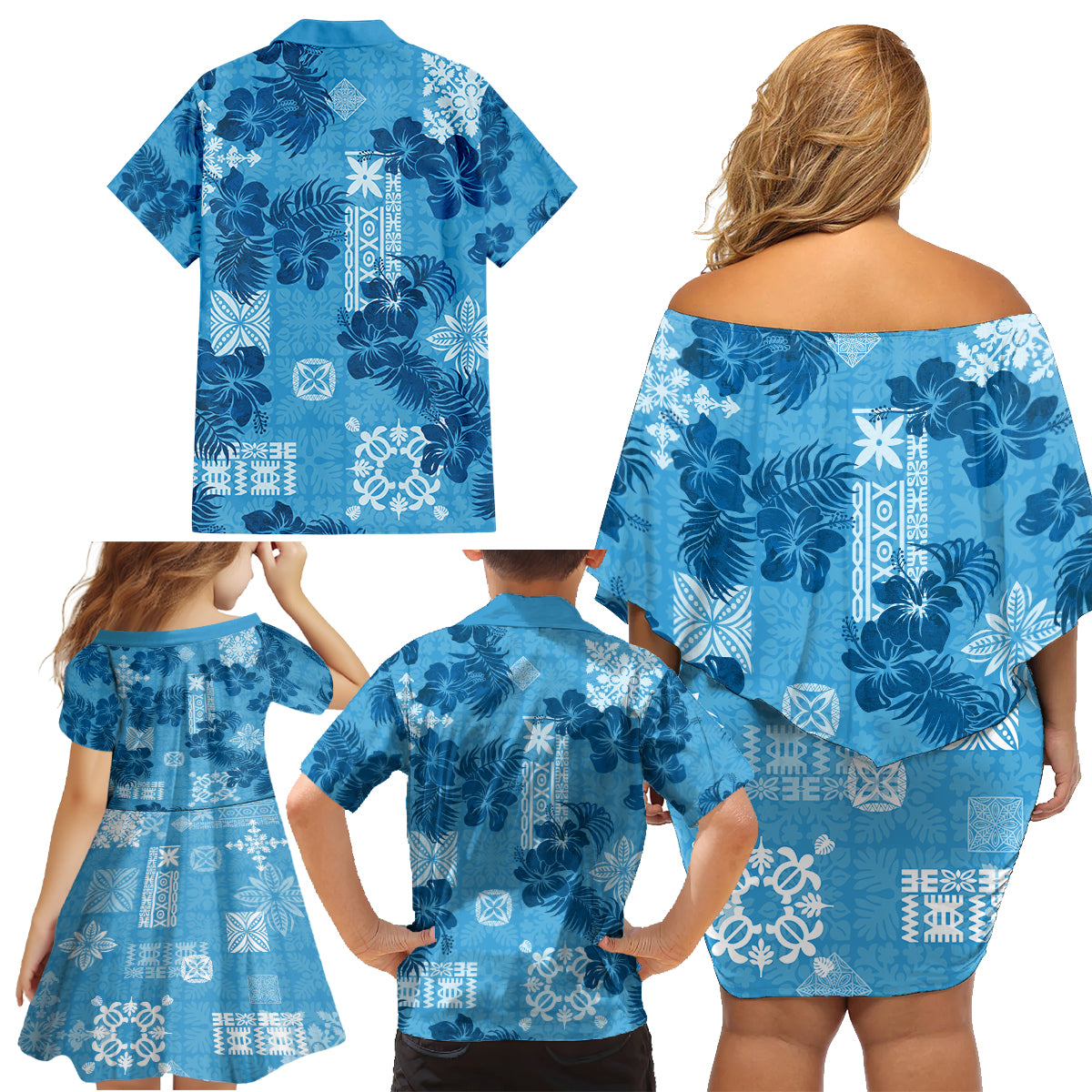 Hawaii Tapa Family Matching Off Shoulder Short Dress and Hawaiian Shirt Hibiscus Mix Hawaiian Quilt Patches - Blue LT7 - Wonder Print Shop