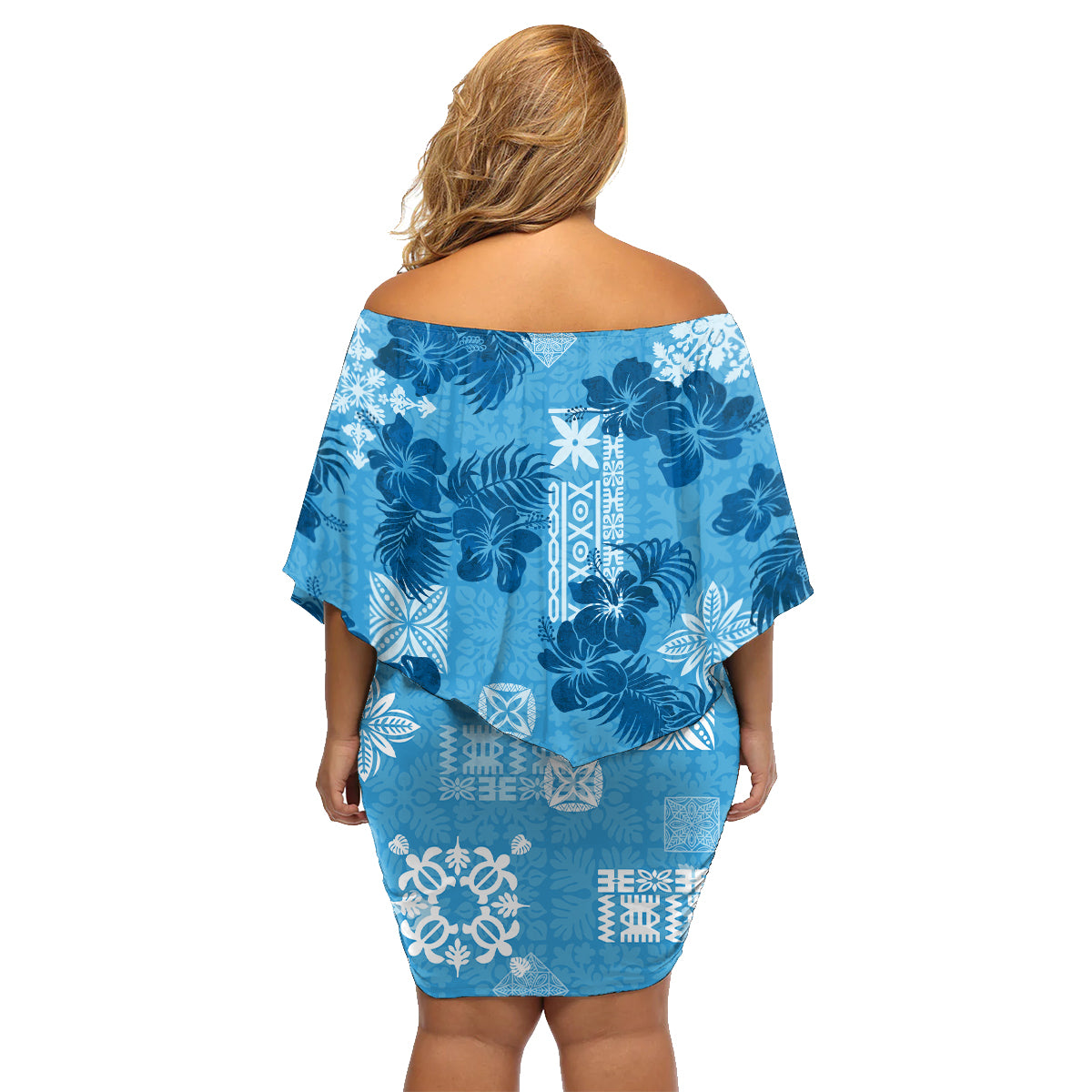 Hawaii Tapa Family Matching Off Shoulder Short Dress and Hawaiian Shirt Hibiscus Mix Hawaiian Quilt Patches - Blue LT7 - Wonder Print Shop