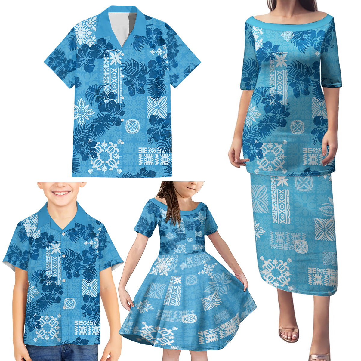 Hawaii Tapa Family Matching Puletasi Dress and Hawaiian Shirt Hibiscus Mix Hawaiian Quilt Patches - Blue - Wonder Print Shop