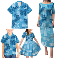Hawaii Tapa Family Matching Puletasi Dress and Hawaiian Shirt Hibiscus Mix Hawaiian Quilt Patches - Blue - Wonder Print Shop
