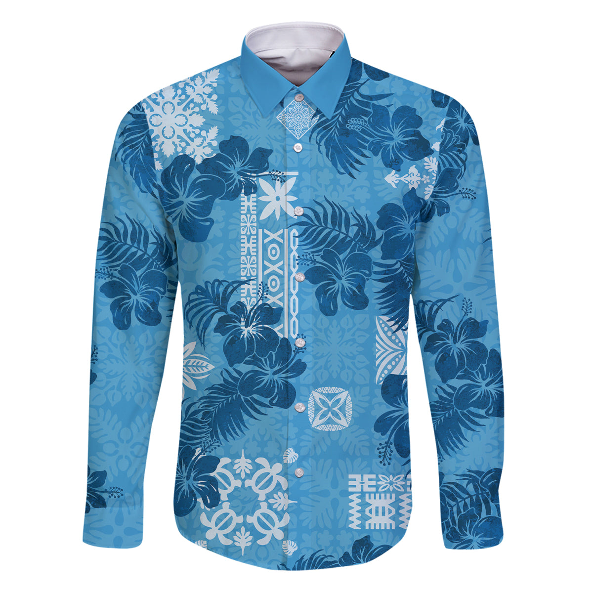 Hawaii Tapa Family Matching Puletasi Dress and Hawaiian Shirt Hibiscus Mix Hawaiian Quilt Patches - Blue - Wonder Print Shop