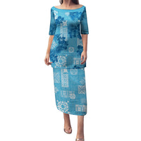 Hawaii Tapa Family Matching Puletasi Dress and Hawaiian Shirt Hibiscus Mix Hawaiian Quilt Patches - Blue - Wonder Print Shop
