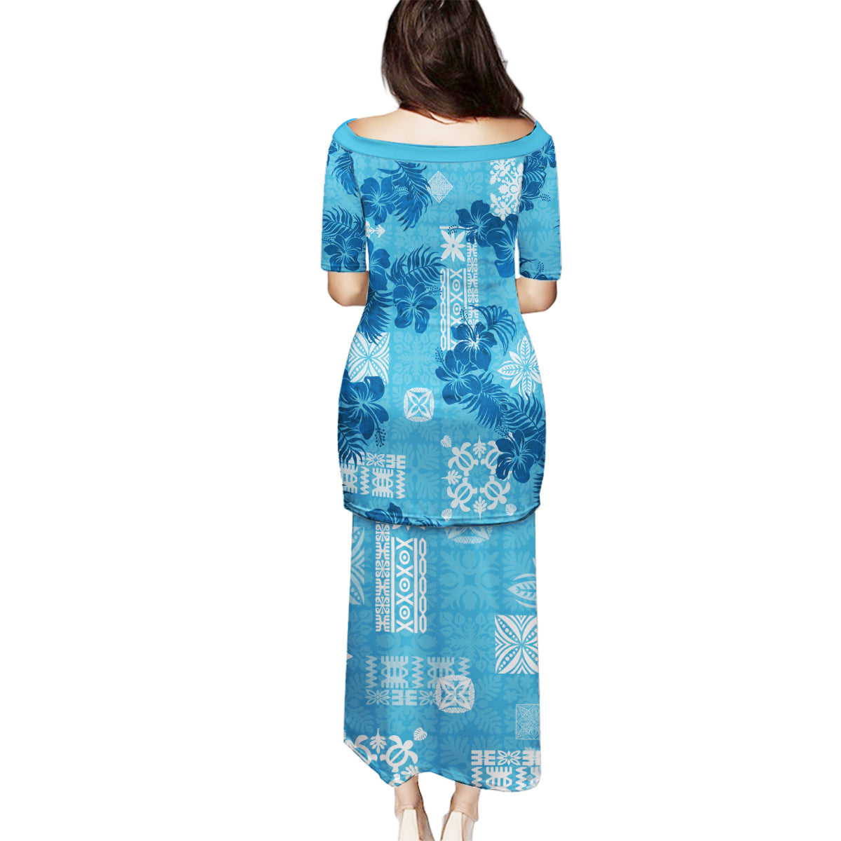 Hawaii Tapa Family Matching Puletasi Dress and Hawaiian Shirt Hibiscus Mix Hawaiian Quilt Patches - Blue - Wonder Print Shop