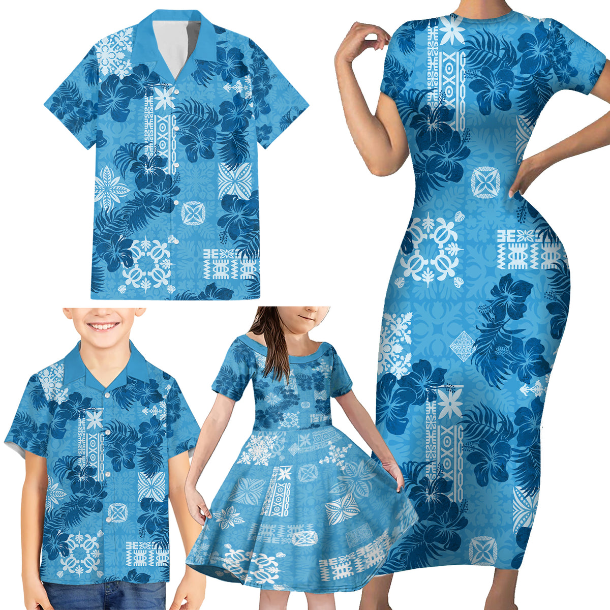 Hawaii Tapa Family Matching Short Sleeve Bodycon Dress and Hawaiian Shirt Hibiscus Mix Hawaiian Quilt Patches - Blue - Wonder Print Shop