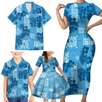 Hawaii Tapa Family Matching Short Sleeve Bodycon Dress and Hawaiian Shirt Hibiscus Mix Hawaiian Quilt Patches - Blue - Wonder Print Shop
