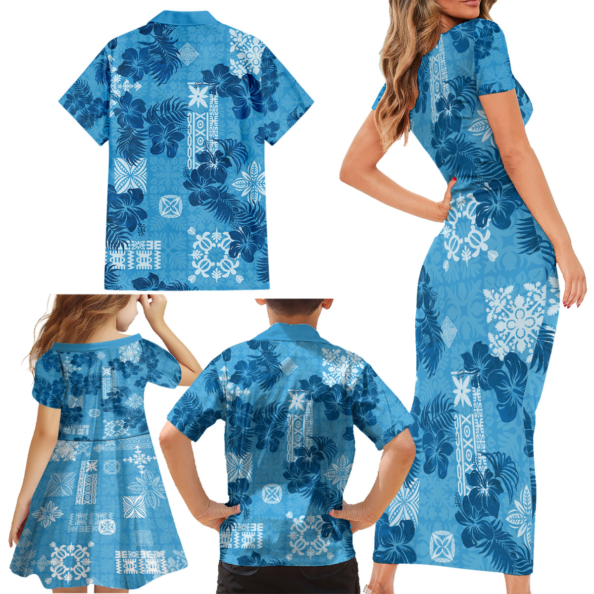 Hawaii Tapa Family Matching Short Sleeve Bodycon Dress and Hawaiian Shirt Hibiscus Mix Hawaiian Quilt Patches - Blue - Wonder Print Shop