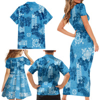 Hawaii Tapa Family Matching Short Sleeve Bodycon Dress and Hawaiian Shirt Hibiscus Mix Hawaiian Quilt Patches - Blue - Wonder Print Shop