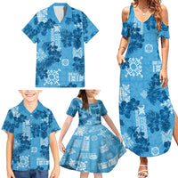 Hawaii Tapa Family Matching Summer Maxi Dress and Hawaiian Shirt Hibiscus Mix Hawaiian Quilt Patches - Blue - Wonder Print Shop