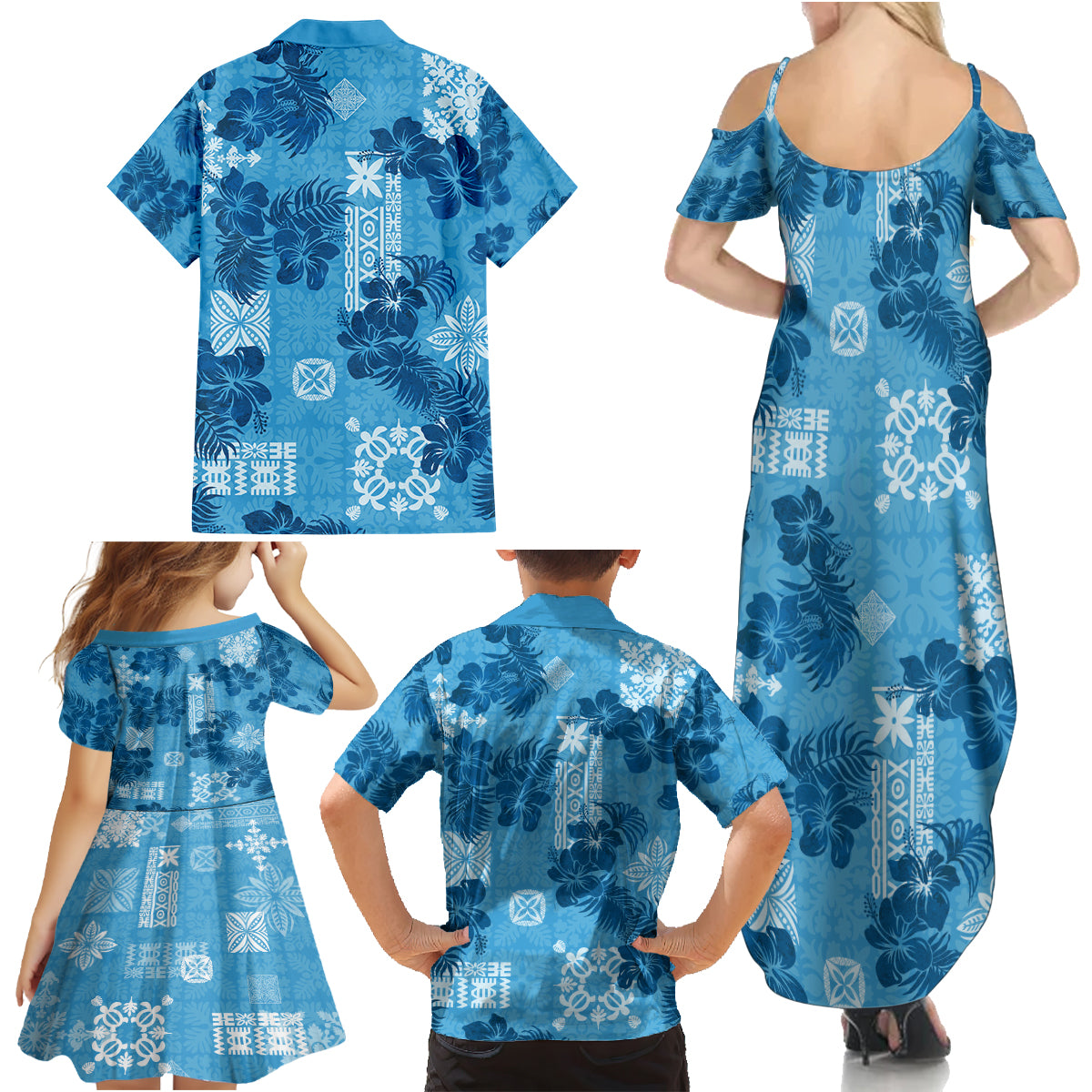 Hawaii Tapa Family Matching Summer Maxi Dress and Hawaiian Shirt Hibiscus Mix Hawaiian Quilt Patches - Blue - Wonder Print Shop