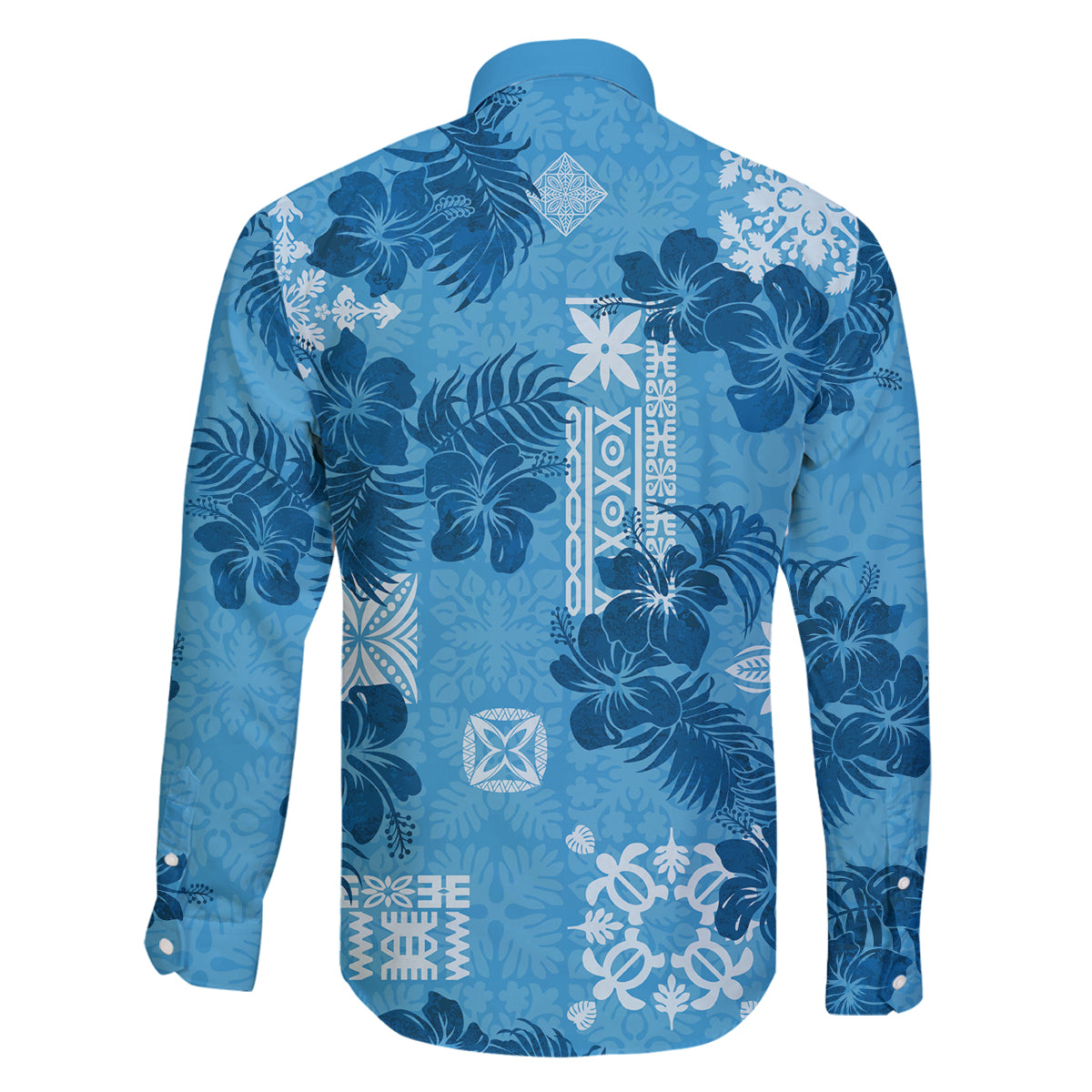 Hawaii Tapa Family Matching Summer Maxi Dress and Hawaiian Shirt Hibiscus Mix Hawaiian Quilt Patches - Blue - Wonder Print Shop