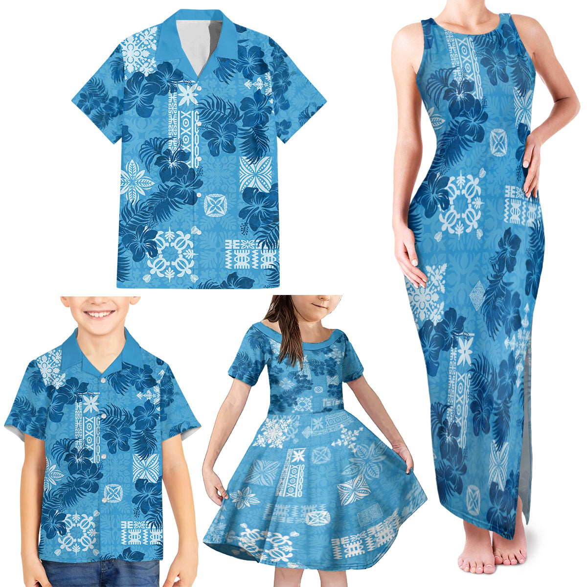 Hawaii Tapa Family Matching Tank Maxi Dress and Hawaiian Shirt Hibiscus Mix Hawaiian Quilt Patches - Blue - Wonder Print Shop