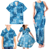 Hawaii Tapa Family Matching Tank Maxi Dress and Hawaiian Shirt Hibiscus Mix Hawaiian Quilt Patches - Blue - Wonder Print Shop